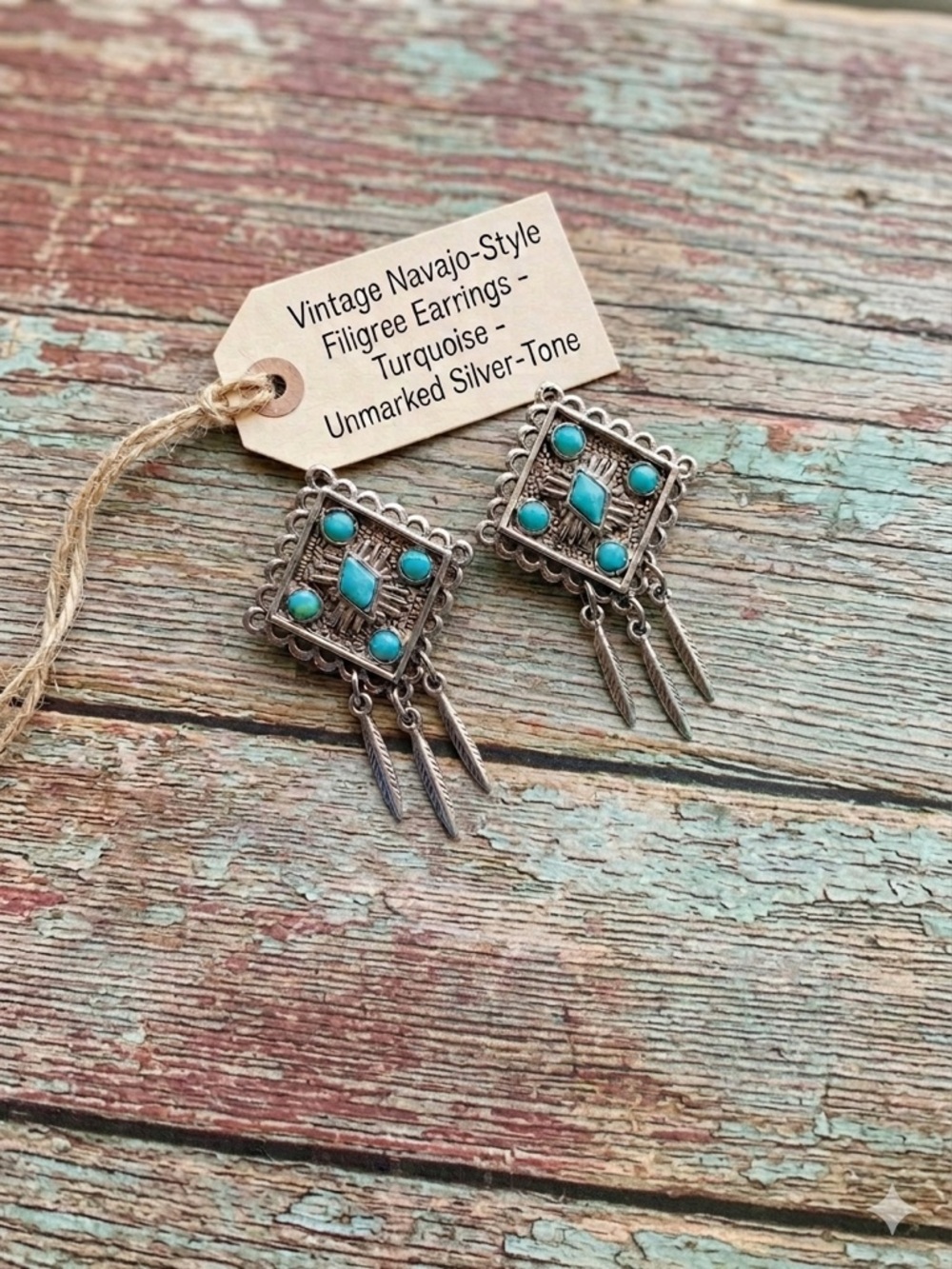 Vintage Southwest Style Silver-Tone & Turquoise Dangle Clip-on Earrings